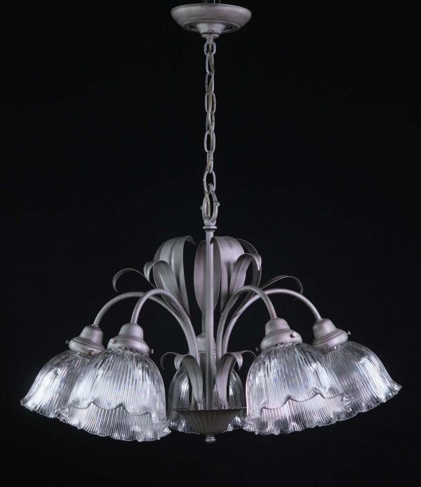 Chandeliers - 1920s 5 Arm Tole Chandelier with Original Holophane Shades