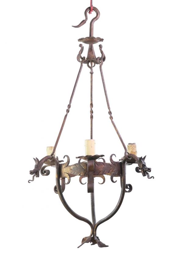 Chandeliers - Arts & Crafts Style Iron 3 Light Chandelier with Griffin Detail
