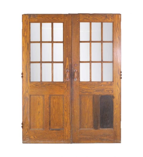 Commercial Doors - Antique 2 Panel 9 Lite Oak Swinging Double Doors 83.75 x 64