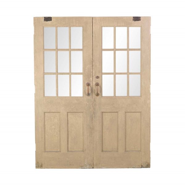 Commercial Doors - Antique 9 Lite Painted Oak Commercial Double Doors 84 x 64