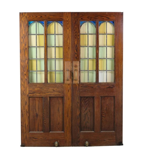 Commercial Doors - Roman Arch Stained Glass Lites Oak Double Doors 83.75 x 64