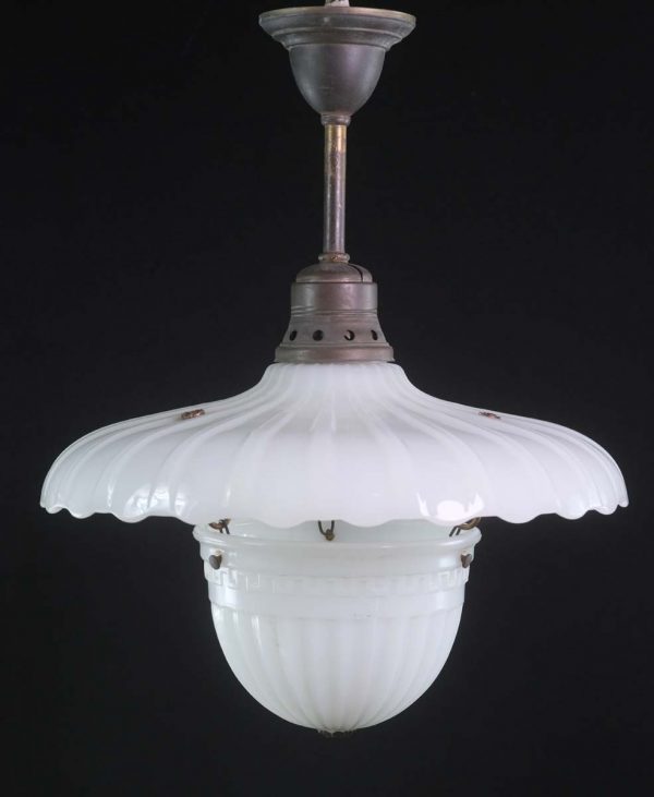 Globes - Rare 1910s Ruffled Milk Glass Fluted Semi Flush Pendant Light