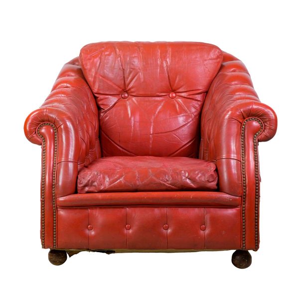 Living Room - European Red Studded Leather Chesterfield Armchair with Ball Feet