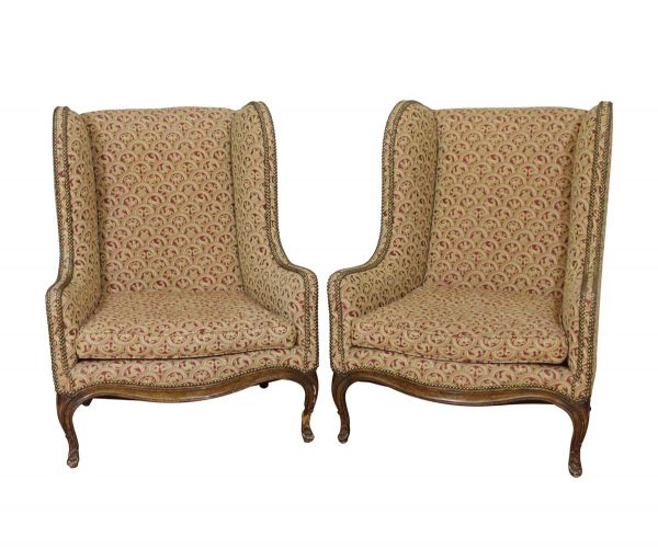 Living Room - Pair of Antique Tan Ornate Upholstered Wing Back Chairs