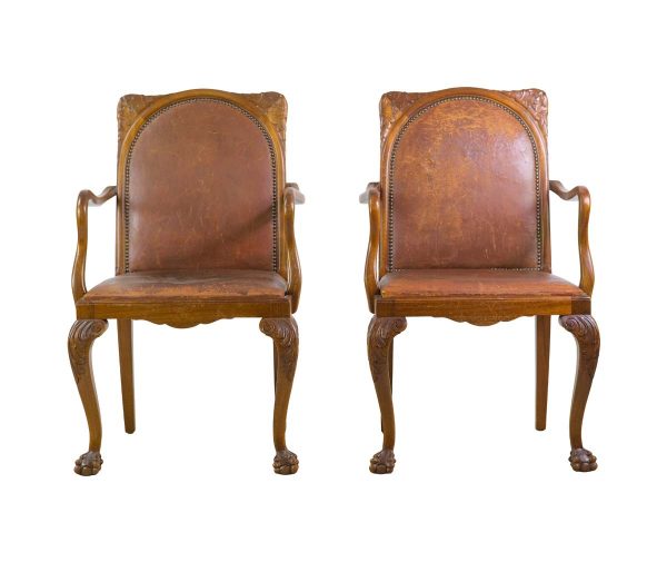 Living Room - Pair of European Oak & Leather Armchairs with Carved Lion Feet