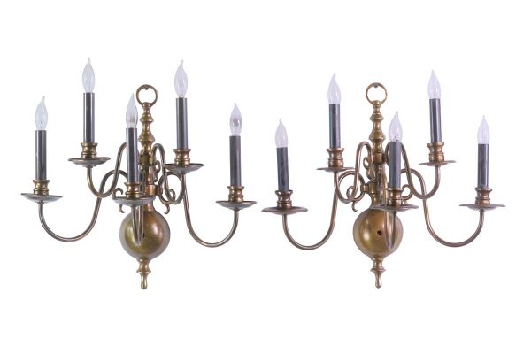 Sconces & Wall Lighting - Pair of 5 Arm Brass Williamsburg Candlestick Wall Sconces