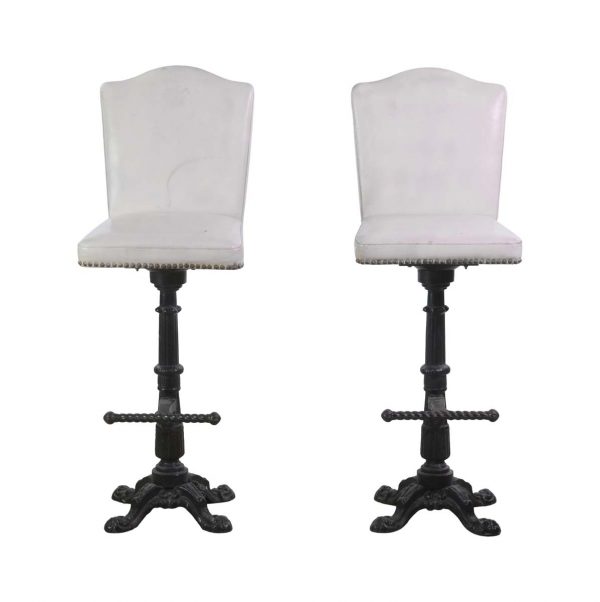 Seating - Pair of Ornate Cast Iron Bar Stools with White Leather Seats