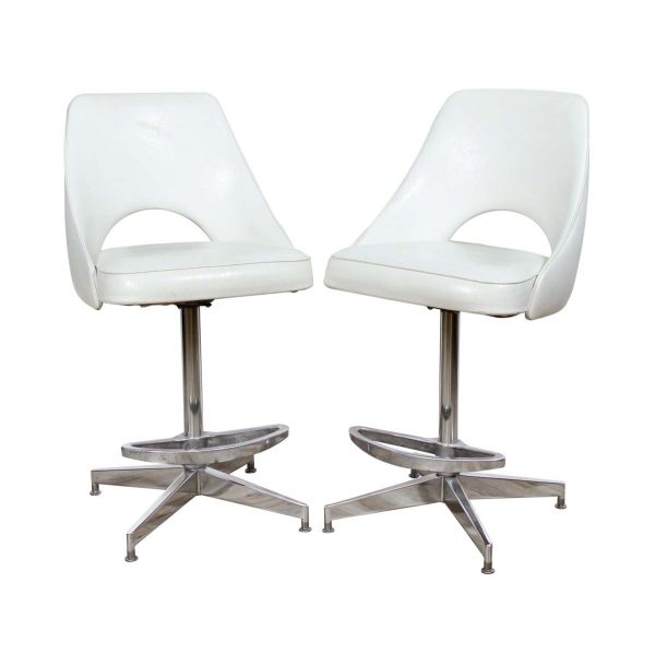 Seating - Pair of White Mid Century Modern Stools with Foot Rest
