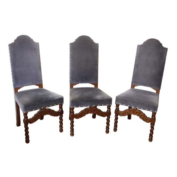 Seating - Set of 12 Carved Oak High Back Chairs with Blue Upholstery