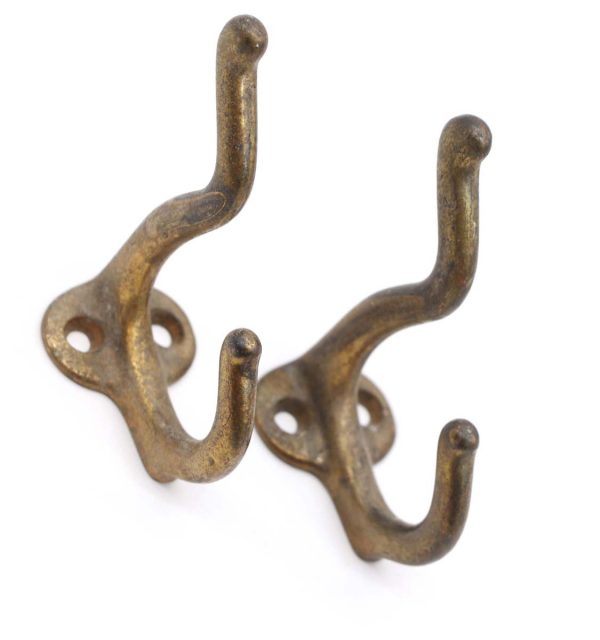 Single Hooks - Pair of Brass Plated 2 Arm Cast Iron Wall Hooks