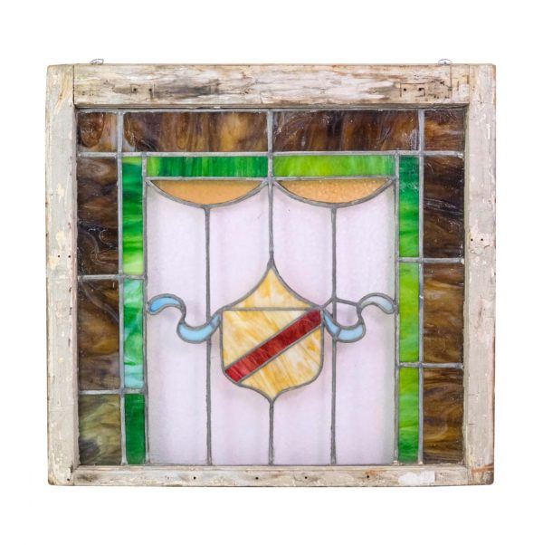 Stained Glass - Antique Shield Motif Stained Glass Window 28.25 x 29.75