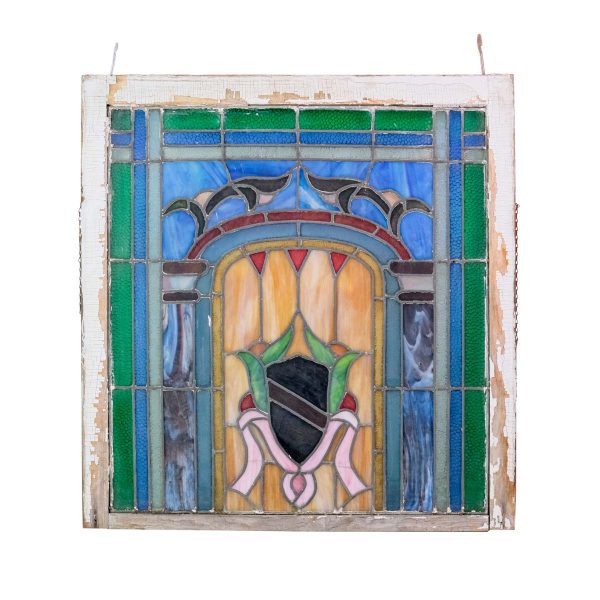 Stained Glass - Reclaimed Stained Glass Window with Shield Crest 31.25 x 29.75