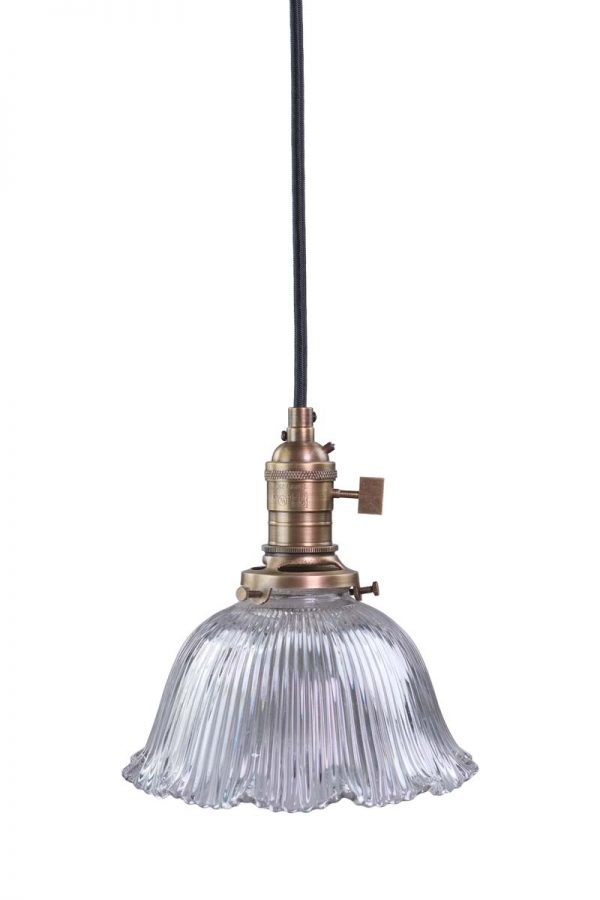 Up Lights - 1920s Holophane Prism Glass Black Knit Cord Pendant Light