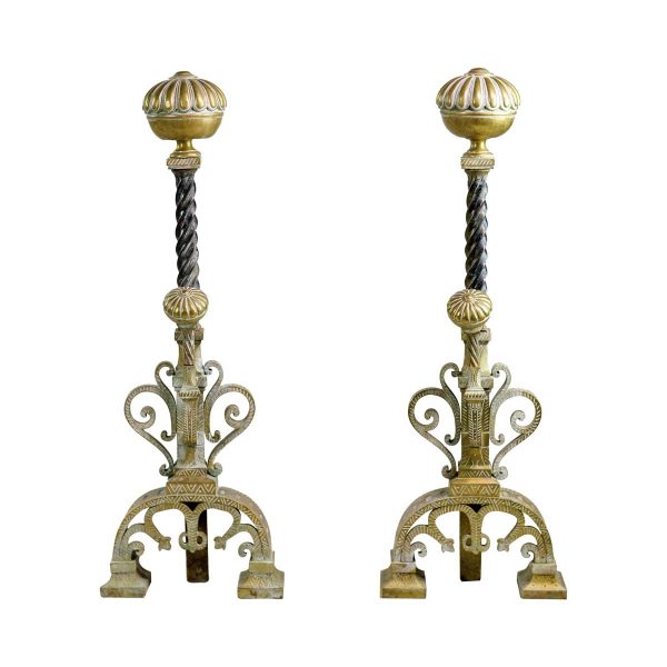 Andirons - Pair of Antique Solid Bronze & Iron Aesthetic Andirons