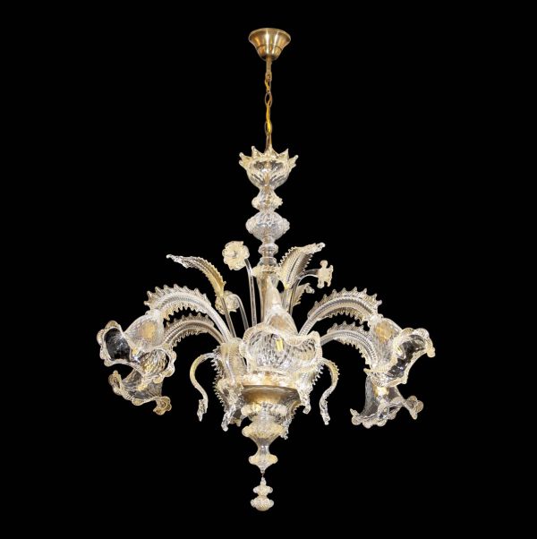 Chandeliers - Hand Blown Clear Murano Glass Floral 6 Arm Chandelier