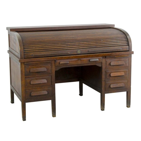Office Furniture - 1900s Antique Oak Standard Furniture Roll Top Banker Desk