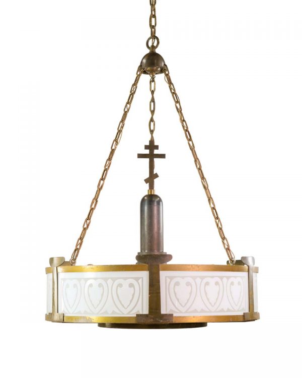 Religious Antiques - Reclaimed Art Deco Orthodox Cross Milk Glass Chandelier