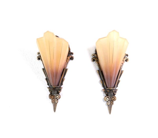 Sconces & Wall Lighting - Pair of Brass Art Deco Slip Shade Wall Sconces
