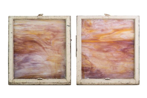 Stained Glass - Pair of Mixed Warm Colored Stained Glass Pine Frame Windows