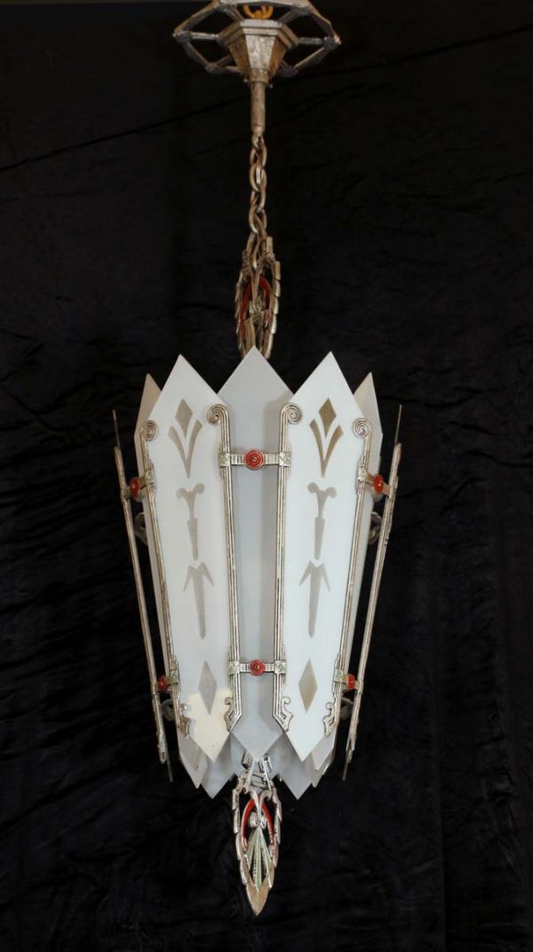 Up Lights - 1930s Art Deco Polychrome Pendant Light with Etched Glass
