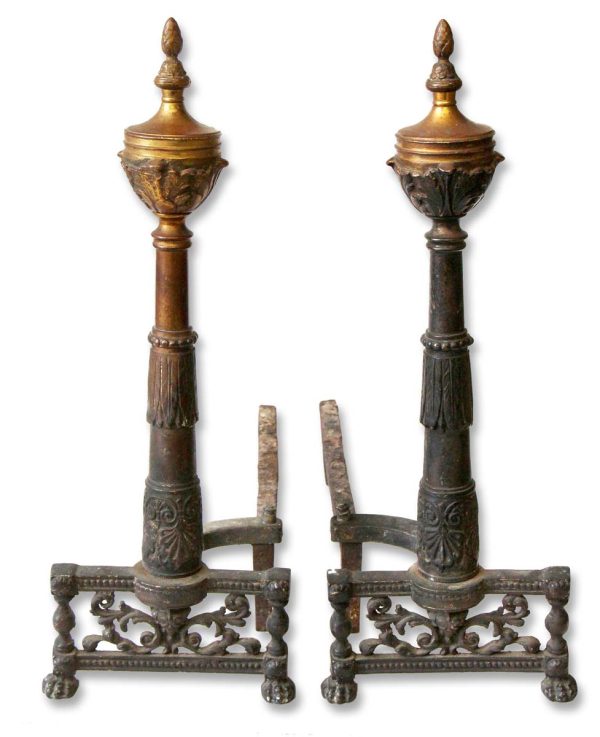 Andirons - Pair of Antique Neoclassical Cast Iron Fireplace Andirons