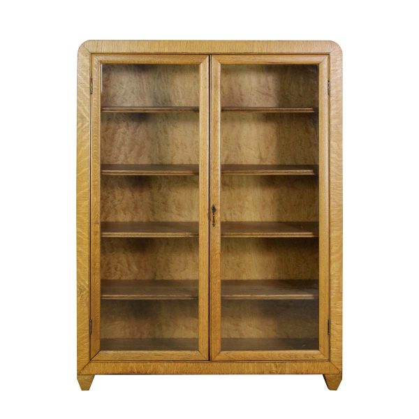 Bookcases - 1940s Oak Glass Two Door Bookcase Cabinet with Key & 4 Shelves