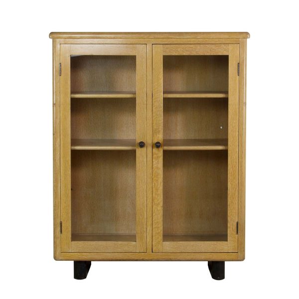 Bookcases - Mid Century Light Tone Oak Bookcase with Glass Cabinet Doors