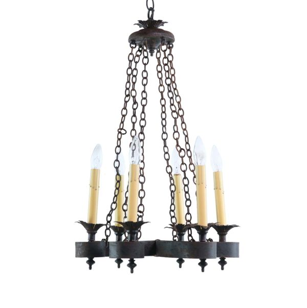 Chandeliers - 1950s 6 Arm Black Wrought Iron Candlestick Chandelier