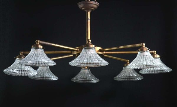 Chandeliers - Antique 8 Arm Brass Waffle Glass Shades Chandelier