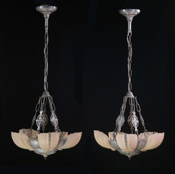 Chandeliers - Antique Pair of Art Deco Chandeliers with Glass Slip Shades