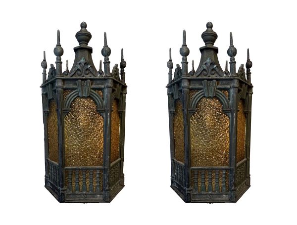 Exterior Lighting - Pair of Copper Textured Amber Glass Gothic Wall Lanterns