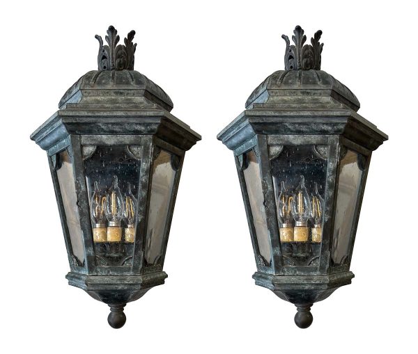 Exterior Lighting - Pair of Vintage Copper Seeded Glass Wall Lanterns