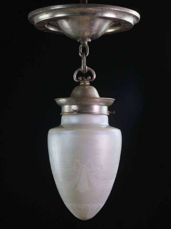 Globes - Iridescent Etched Steuben Glass & Silvered Brass Pendant Light