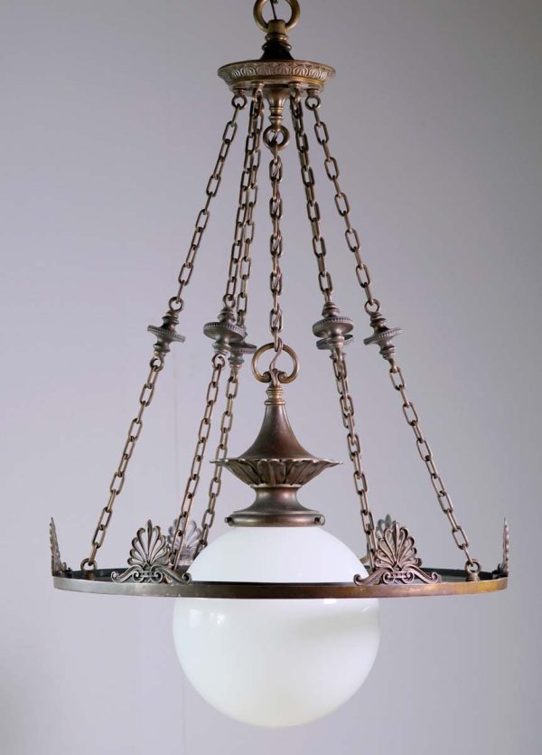 Globes - Turn of the Century Bronze Milk Glass Globe Bank Pendant Light