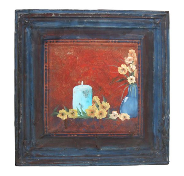 Hand Painted Panels - Hand Painted Still Life Flowers & Candle Blue Tin Panel
