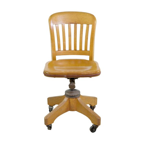 Office Furniture - Mid Century Solid Oak Rolling Banker Chair with Adjustable Steel Base