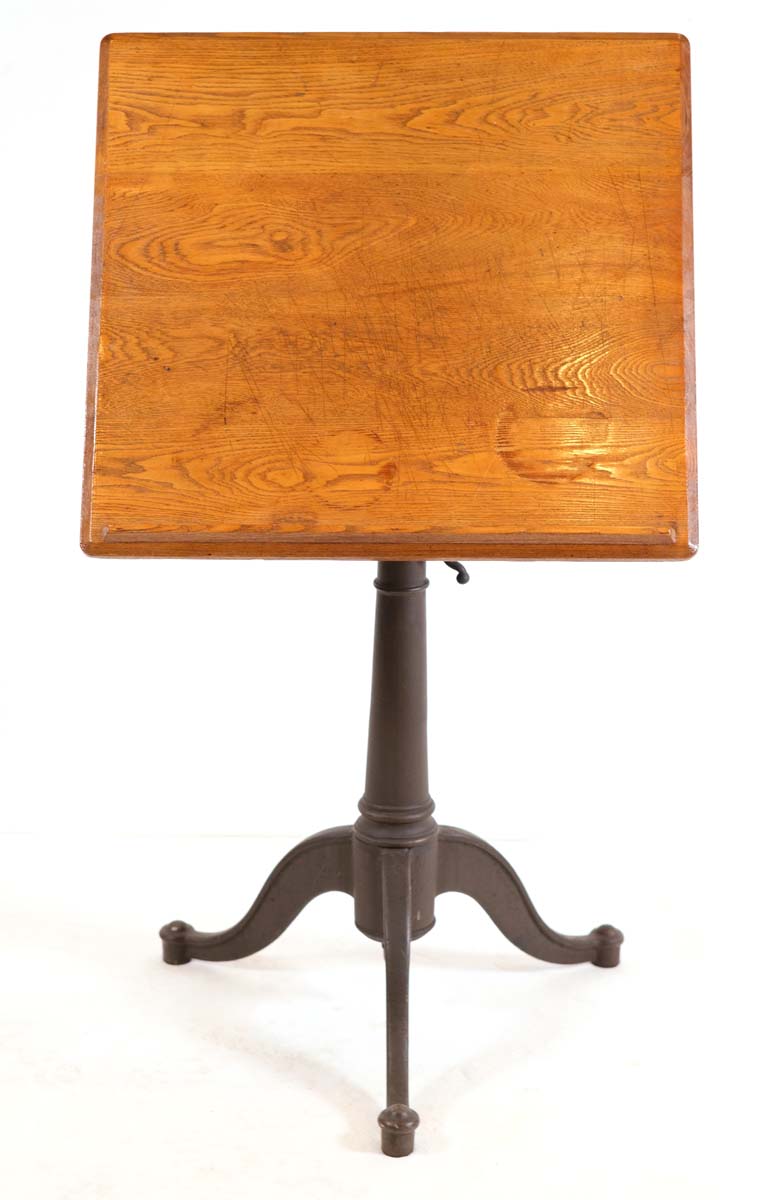 Small Adjustable Oak Drafting Table with Cast Iron Base