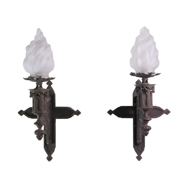 Sconces & Wall Lighting - 19th Century Gothic Wall Sconces with Frosted Glass Flame Shades
