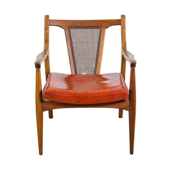 Seating - Mid Century Modern Walnut Orange Leather Wicker Back Armchair