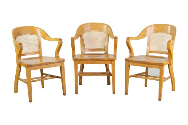 Seating - Set of 3 Tiger Oak Woven Wicker Back Banker Arm Chairs