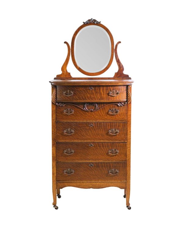 Bedroom - Late 19th Century Tiger Oak Highboy Vanity Dresser