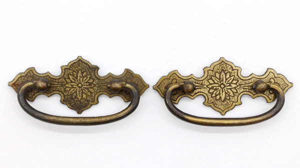 Cabinet & Furniture Pulls - Pair of Vintage 4 in. Brass Floral Bail Drawer Pulls