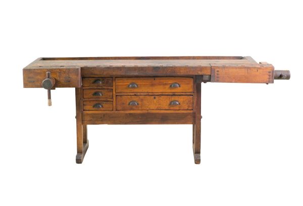 Industrial - Antique Solid Woodwork Table with Clamps & Drawer Unit
