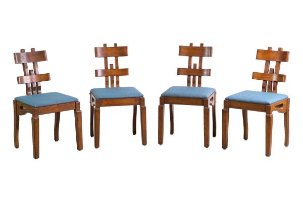 Seating - Set of Four 1950s Oak Mid Century Chairs with Blue Vinyl Seats
