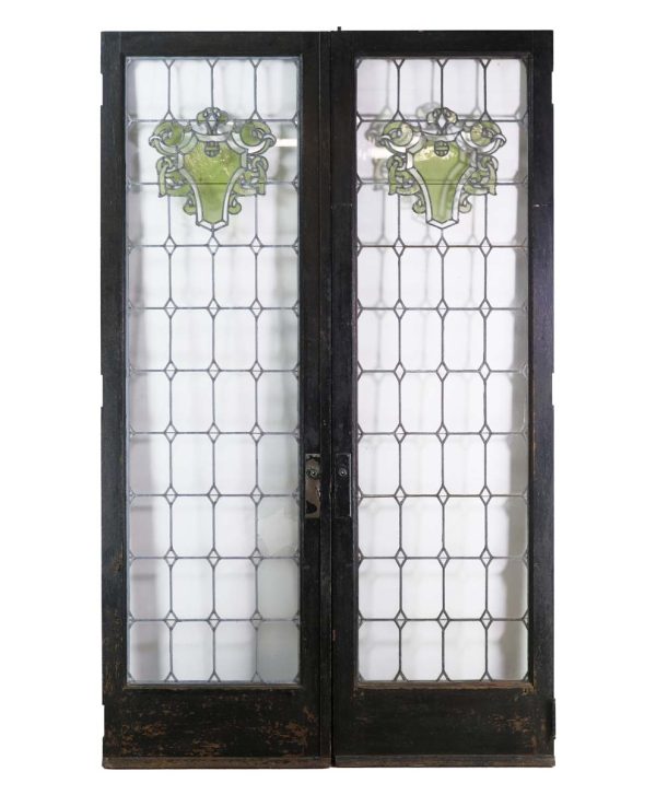 Standard Doors - Antique Leaded Glass Lite Narrow Oak Double Doors 105 x 64.5