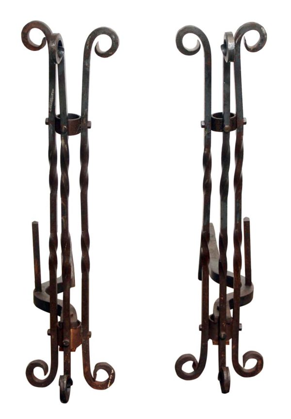 Andirons - Pair of Extra Tall Twisted Wrought Iron Andirons