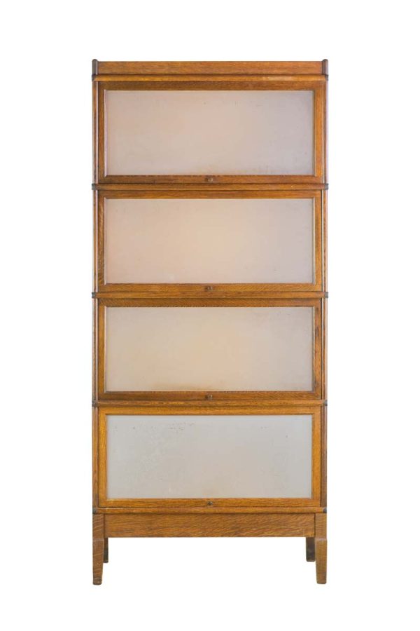 Bookcases - Vintage Macey 4 Tier Oak Bookcase with Frosted Glass Doors