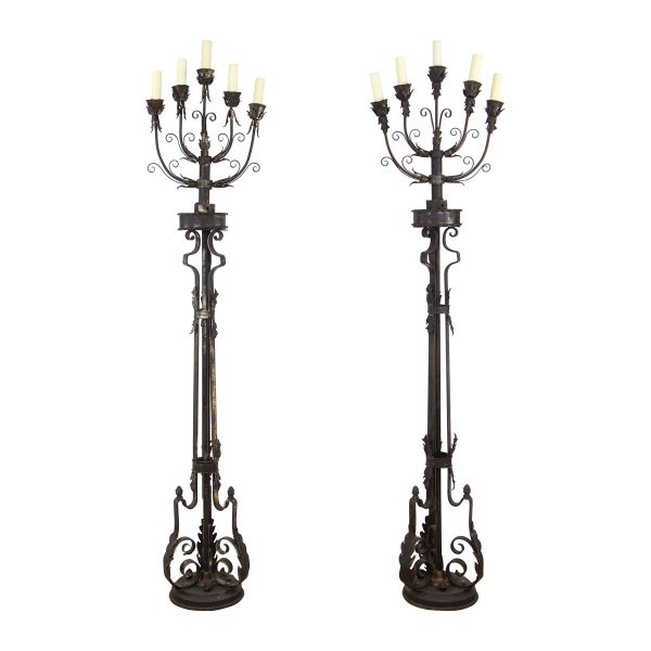 Candelabra Lamps - Pair of Wrought Iron 19th Century Candelabra Floor Lamps