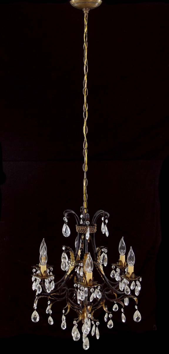 Chandeliers - Early 20th Century 6 Arm Black Tole Crystal Chandelier