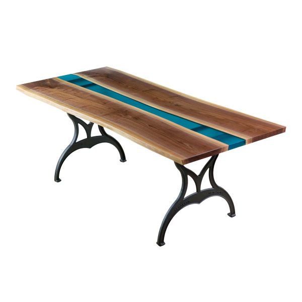 Farm Tables - Live Edge Walnut Blue Resin River Cast Iron Legs Dining Table